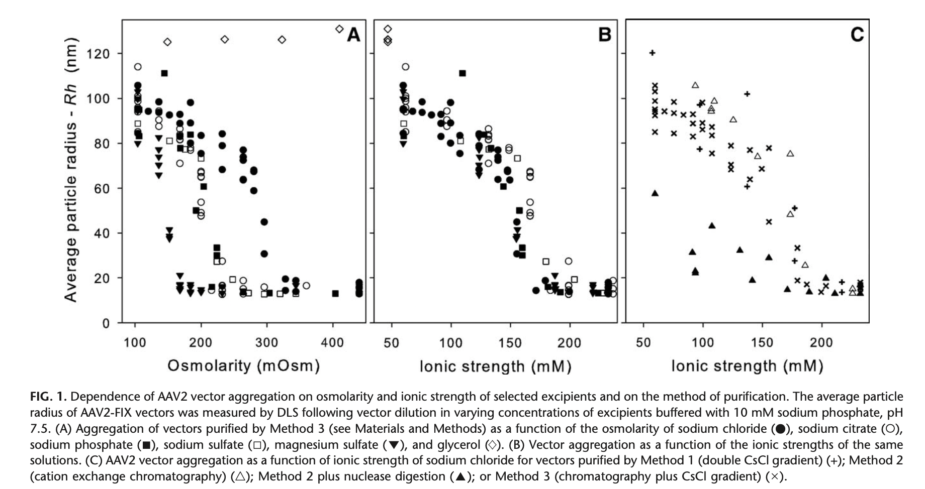 Effect of ionic strength on the aggregation of capsids measured by DLS